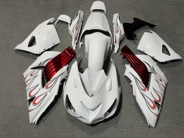 Purchase 2006-2011 Glossy White Black Red Flame Kawasaki ZX14R ZZR1400 Motorcycle Fairings UK