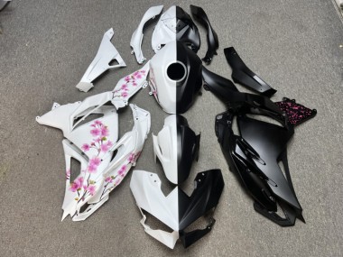 Purchase 2024-2026 Matte Black & White with Pink Cherry Blossom Split Kawasaki Ninja 500 EX500 Motorcycle Fairings UK