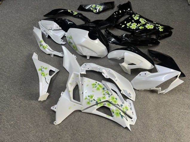 Purchase 2024-2026 Glossy Black & White with Green Cherry Blossom Split Kawasaki Ninja 500 EX500 Motorcycle Fairings UK