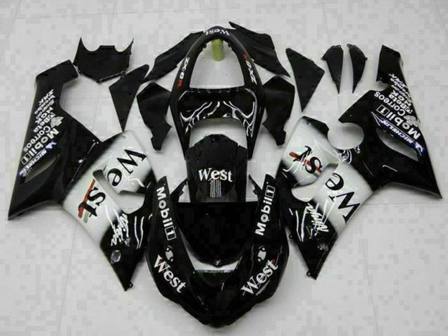 Purchase 2005-2006 Glossy Black White West Kawasaki ZX6R Motorcycle Fairings UK