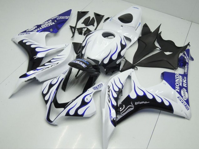 Purchase 2007-2008 White Blue Glossy Black Flame Honda CBR600RR Motorcycle Fairings UK